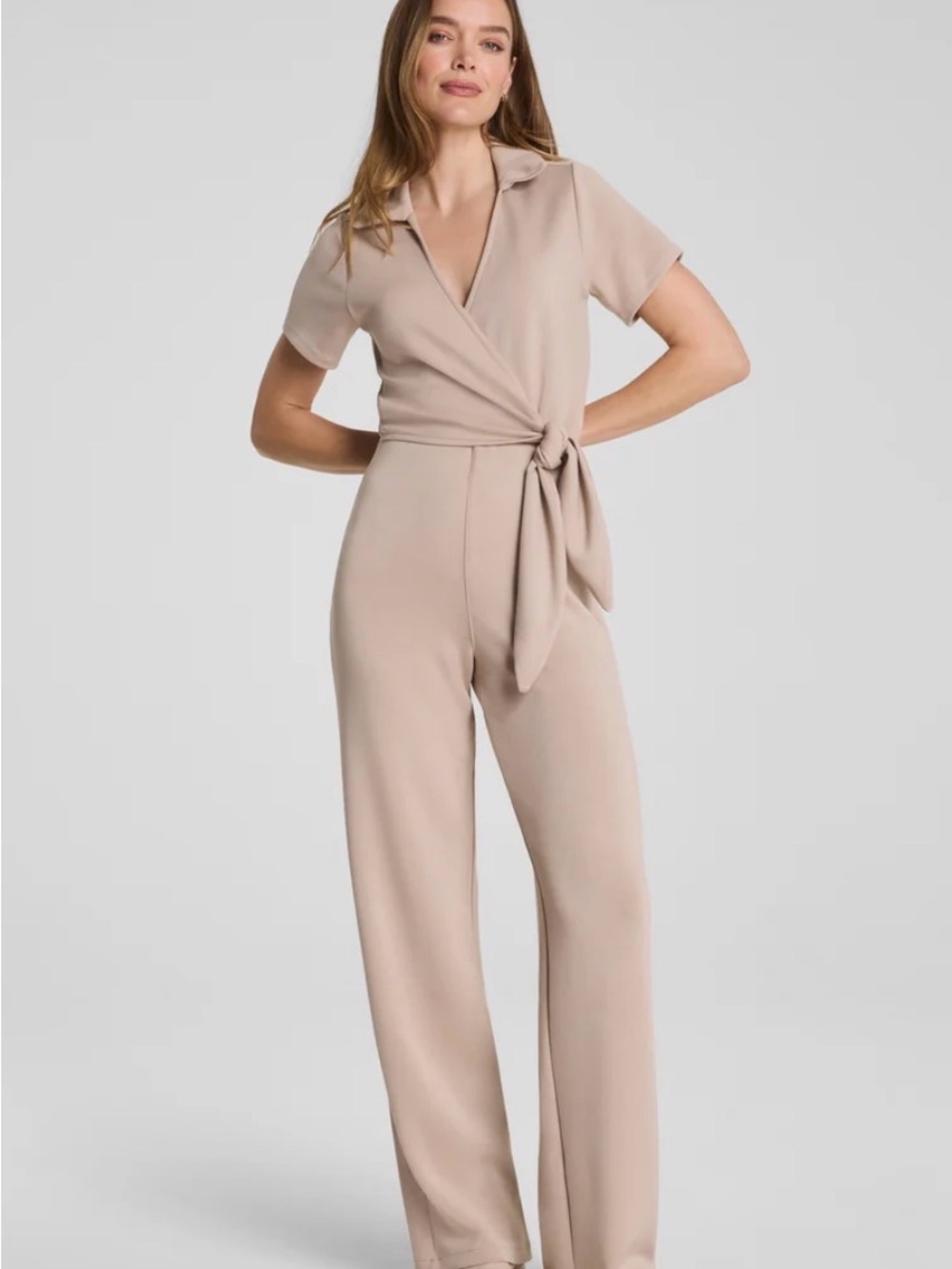 Spanx Air Essentials Collared Tie Waist Jumpsuit Dune Tan Women’s LARGE